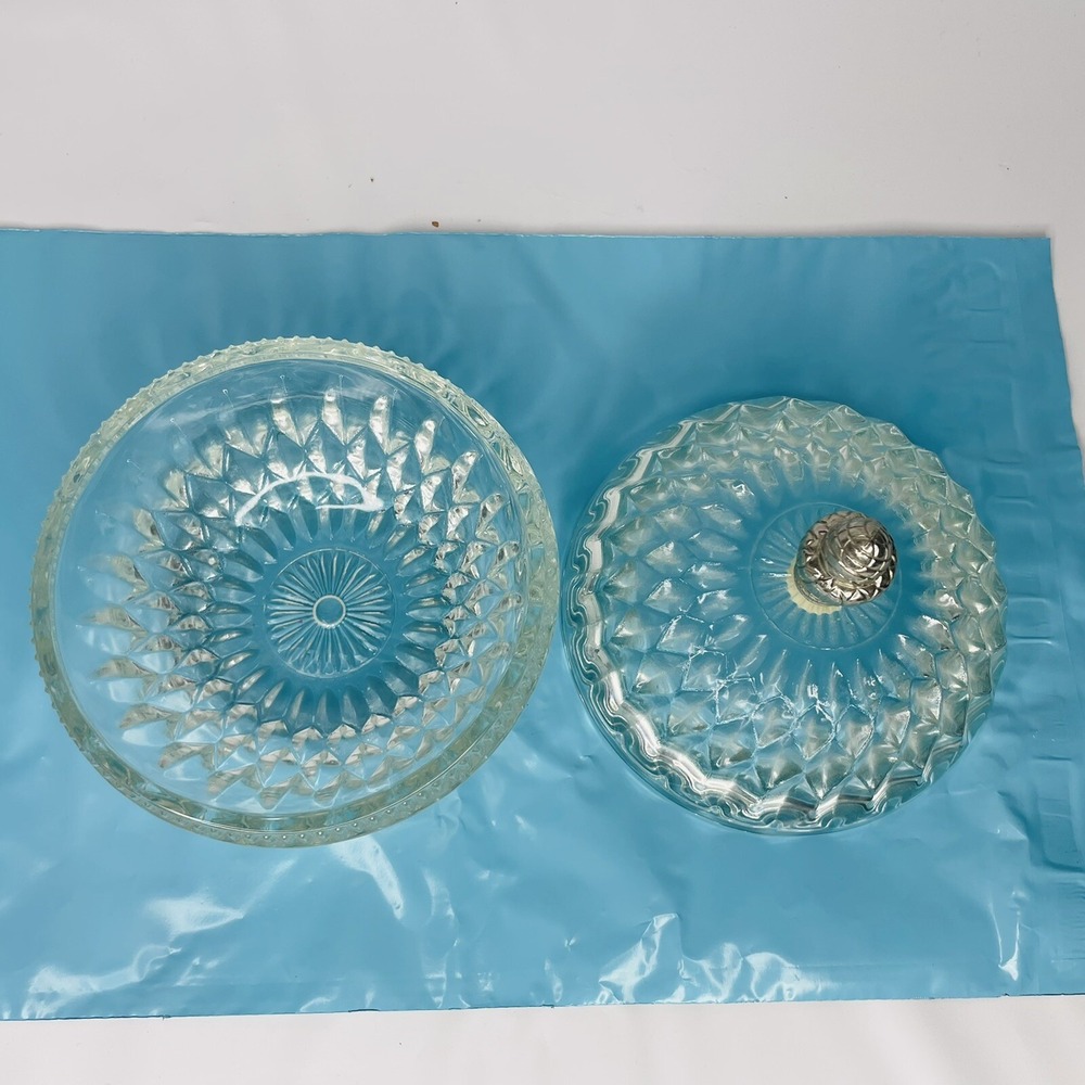 Vintage Indiana Glass Pressed Diamond Cut Clear Lidded Candy Dish-Mt. Vernon Pat